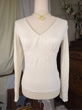 Cream Long Sleeve Embroidered V-Neck Top Koton M Cottagecore Flowers Y2K Coastal